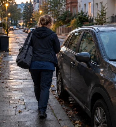 Pflegekraft mit Tasche über der Schulter auf dem Weg zum Auto, früh am Morgen in einer Wohnstraße
